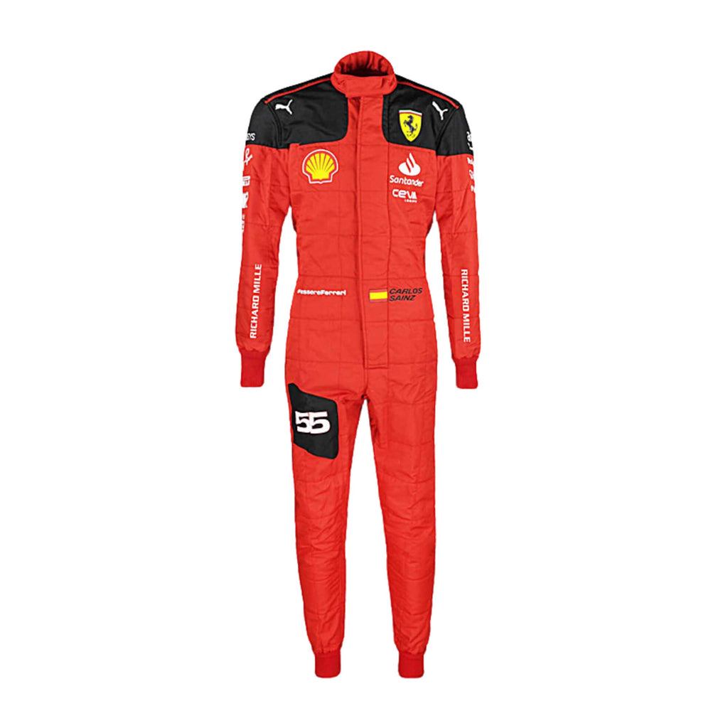 Carlos Sainz Jr.'s 2023 F1 racing suit front view featuring a vibrant red base with black accents on the shoulders and sides, complemented by sponsor logos, showcasing a sleek and modern design.