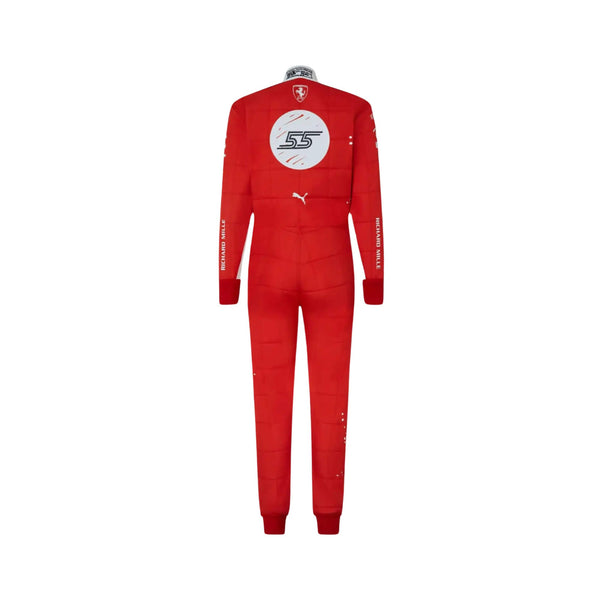 Rear view of Sainz's 2023 Las Vegas Grand Prix racing suit displaying the continuation of the red and white color scheme with prominently placed sponsor logos and aerodynamic paneling.