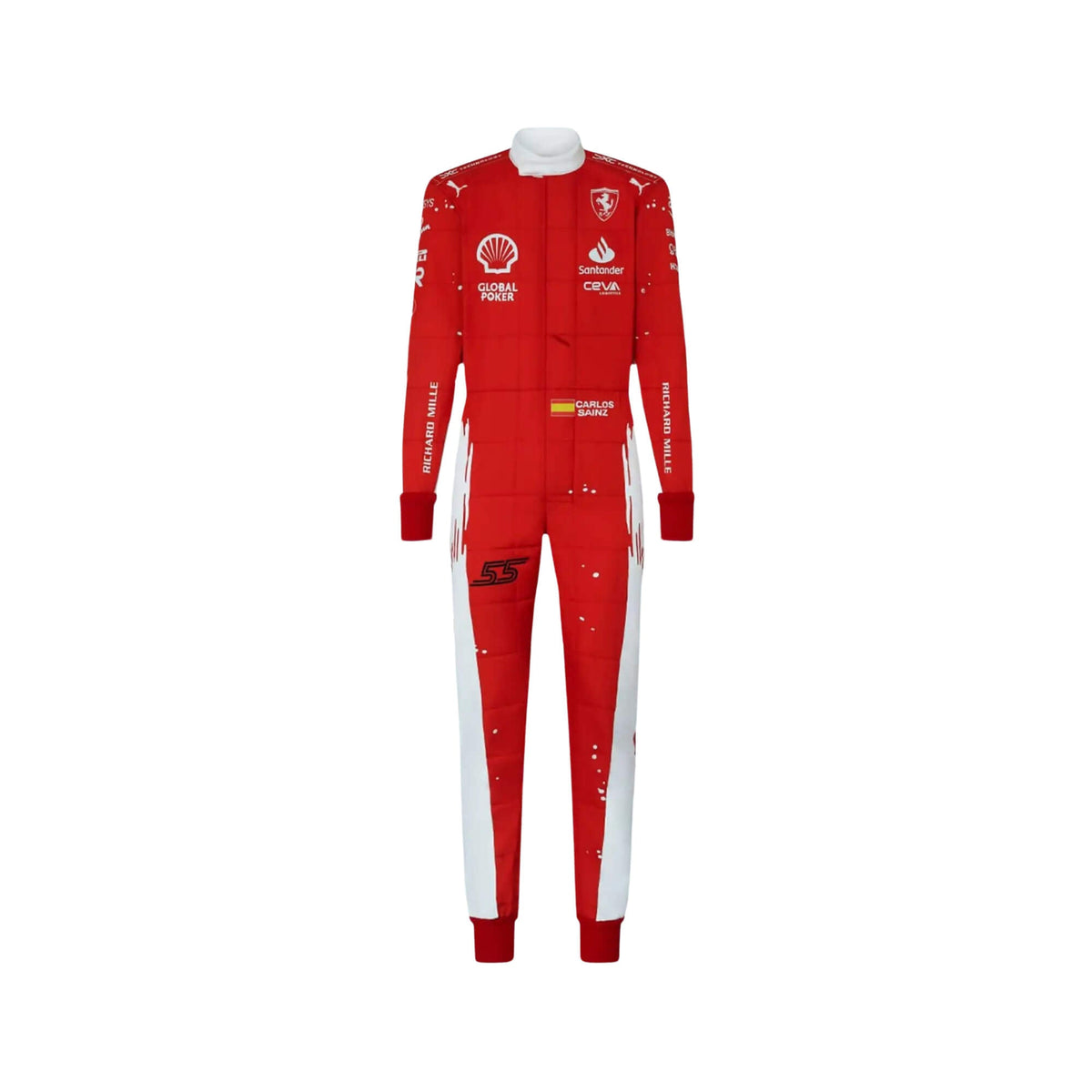 Carlos Sainz Jr.'s 2023 Las Vegas Grand Prix F1 racing suit front view featuring a vibrant red base with white accents on the shoulders and sides, complemented by sponsor logos, showcasing a sleek and modern design. Main image