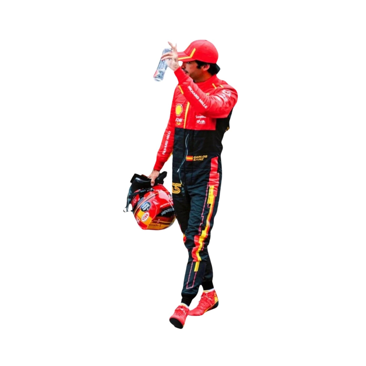 Carlos Sainz Jr’s 2023 Spain GP F1 racing suit front view, showcasing a red base with yellow and black detailing, tailored fit, and race-specific logos used in his home Grand Prix. Main image