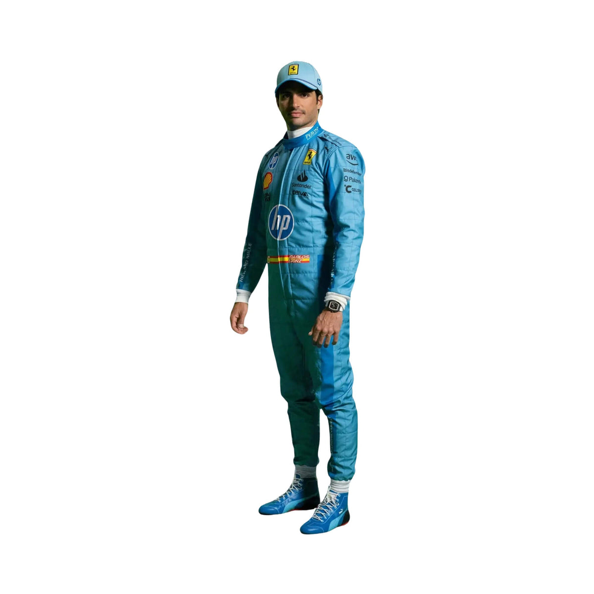 Front view of Carlos Sainz Jr’s 2024 Miami GP F1 racing suit in striking light blue with navy blue side panels and yellow accent branding. Main image