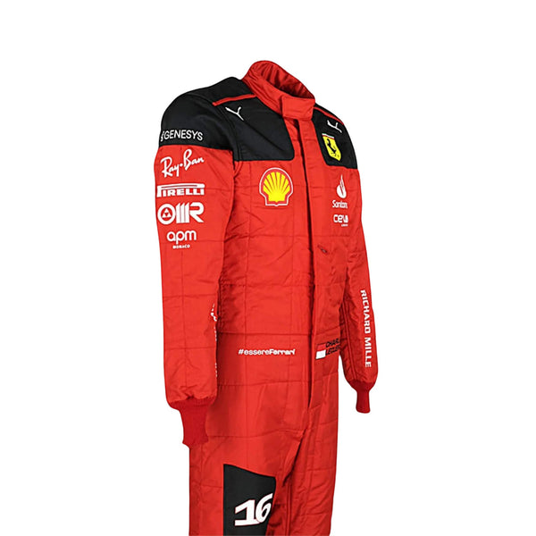 Left Side profile of Charles Leclerc’s 2023 racing suit highlighting the black side panels against the Rosso Le Mans red base, with white sponsor details on the arms and legs, emphasizing the suit's tailored fit.