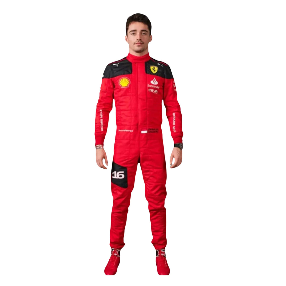 Charles Leclerc’s 2023 F1 racing suit front view featuring a vibrant Rosso Le Mans red base with black accents on the shoulders and sides, complemented by white sponsor logos, showcasing a sleek and modern design. Main image