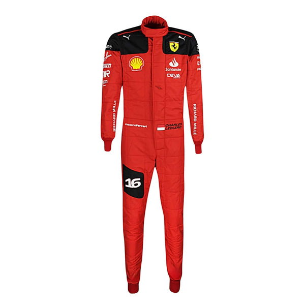 Charles Leclerc’s 2023 F1 racing suit front view featuring a vibrant Rosso Le Mans red base with black accents on the shoulders and sides, complemented by white sponsor logos, showcasing a sleek and modern design.