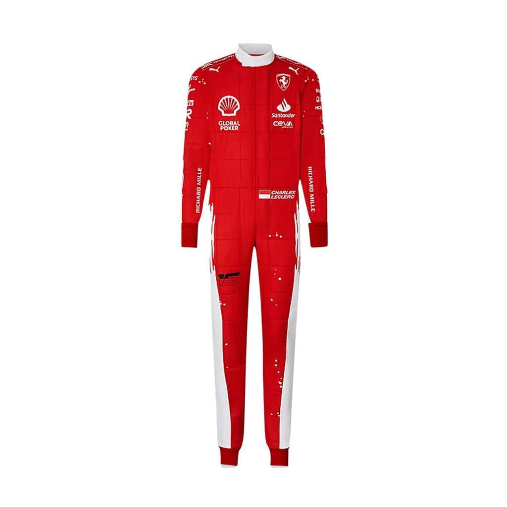 Charles Leclerc's 2023 Las Vegas Grand Prix F1 racing suit front view featuring a vibrant red base with a prominent white circle on the chest and white accent lines, complemented by sponsor logos, showcasing a sleek and modern design.
