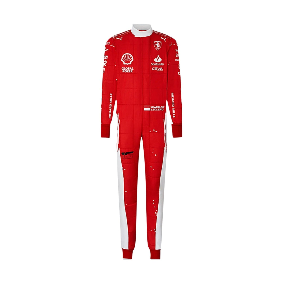 Charles Leclerc's 2023 Las Vegas Grand Prix F1 racing suit front view featuring a vibrant red base with a prominent white circle on the chest and white accent lines, complemented by sponsor logos, showcasing a sleek and modern design.
