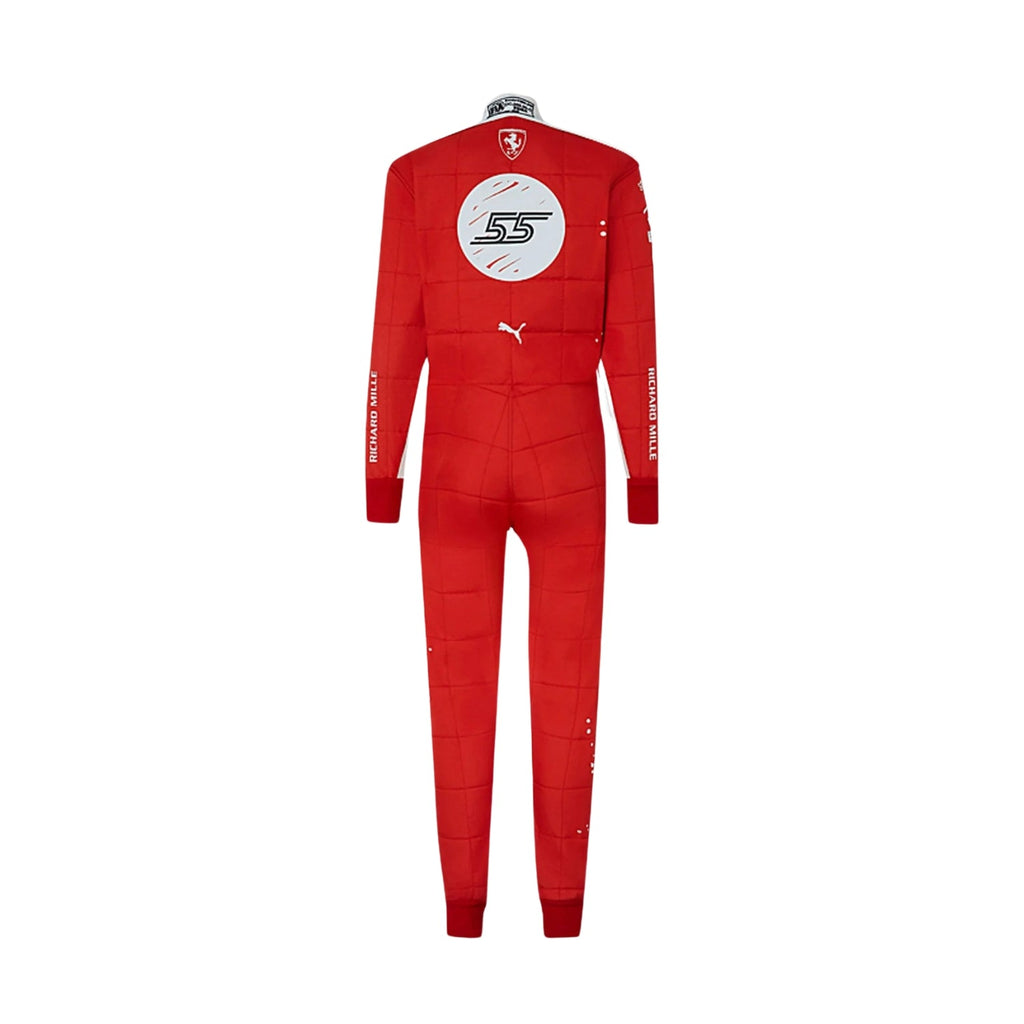 Rear view of Leclerc's 2023 Las Vegas Grand Prix racing suit displaying the continuation of the red and white color scheme with prominently placed sponsor logos and aerodynamic paneling.