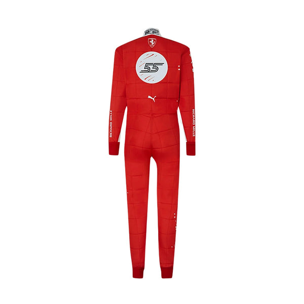 Rear view of Leclerc's 2023 Las Vegas Grand Prix racing suit displaying the continuation of the red and white color scheme with prominently placed sponsor logos and aerodynamic paneling.