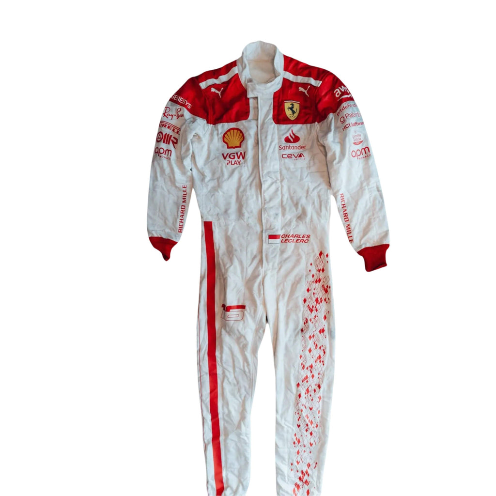 Charles Leclerc’s 2023 Monaco Grand Prix F1 racing suit front view featuring a white base with red shoulders and cuffs, complemented by sponsor logos, showcasing a sleek and modern design.