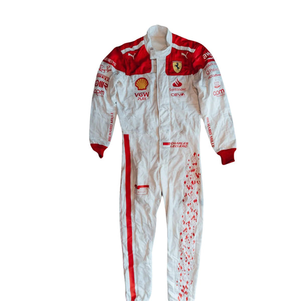 Charles Leclerc’s 2023 Monaco Grand Prix F1 racing suit front view featuring a white base with red shoulders and cuffs, complemented by sponsor logos, showcasing a sleek and modern design.