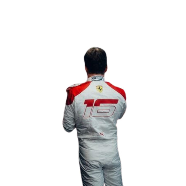 Rear view of Leclerc’s 2023 Monaco Grand Prix racing suit displaying the continuation of the white and red color scheme with prominently placed sponsor logos and aerodynamic paneling.