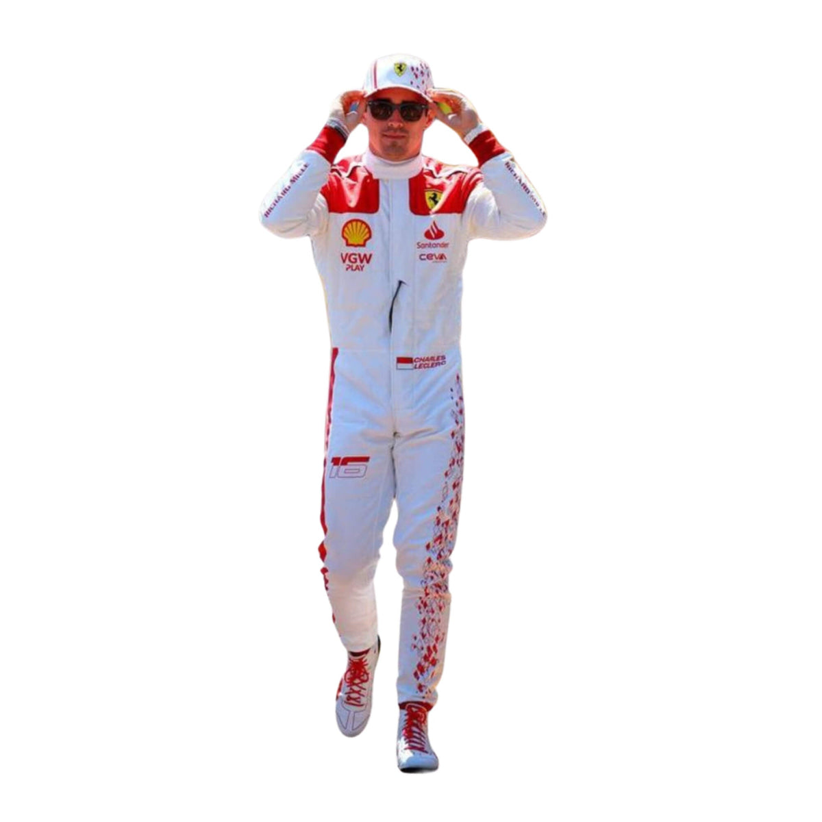 Charles Leclerc’s 2023 Monaco Grand Prix F1 racing suit front view featuring a white base with red shoulders and cuffs, complemented by logos, showcasing a sleek and modern design. Main image