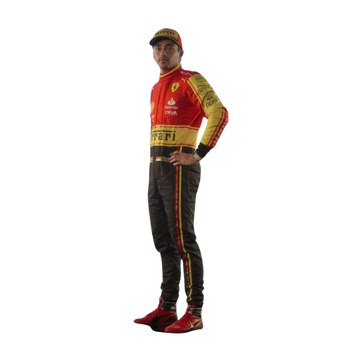 Right Side profile of Leclerc’s Monza 2023 racing suit highlighting the yellow base with red panels on the sides and arms, tailored for aerodynamic performance. Main image