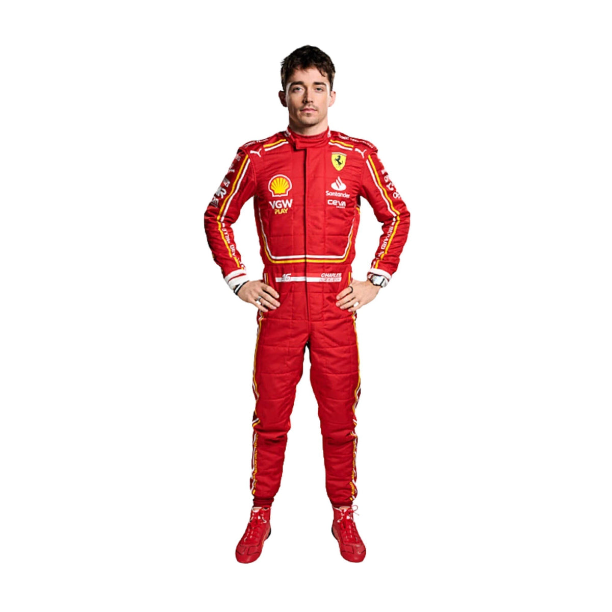 Front view of Charles Leclerc's 2024 F1 racing suit in vibrant red with black accents, featuring sponsor logos and a sleek design for maximum performance. Main image