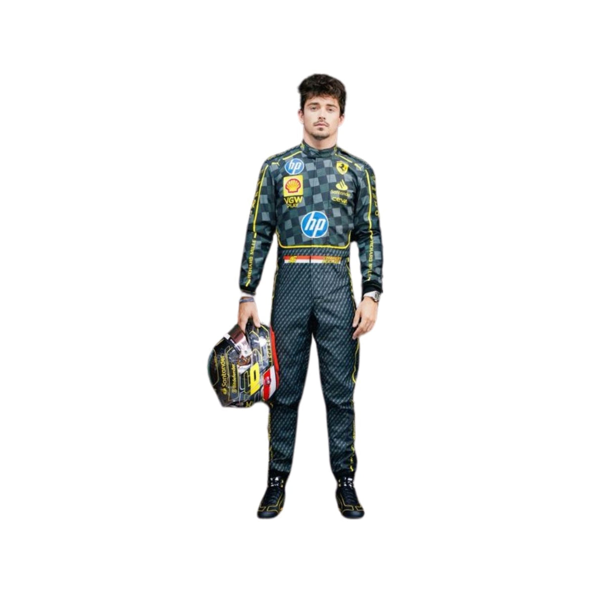 Front view of Charles Leclerc's 2024 Italy GP F1 racing suit in black with Modena yellow accents, showcasing a modern design with sponsor logos. Main image