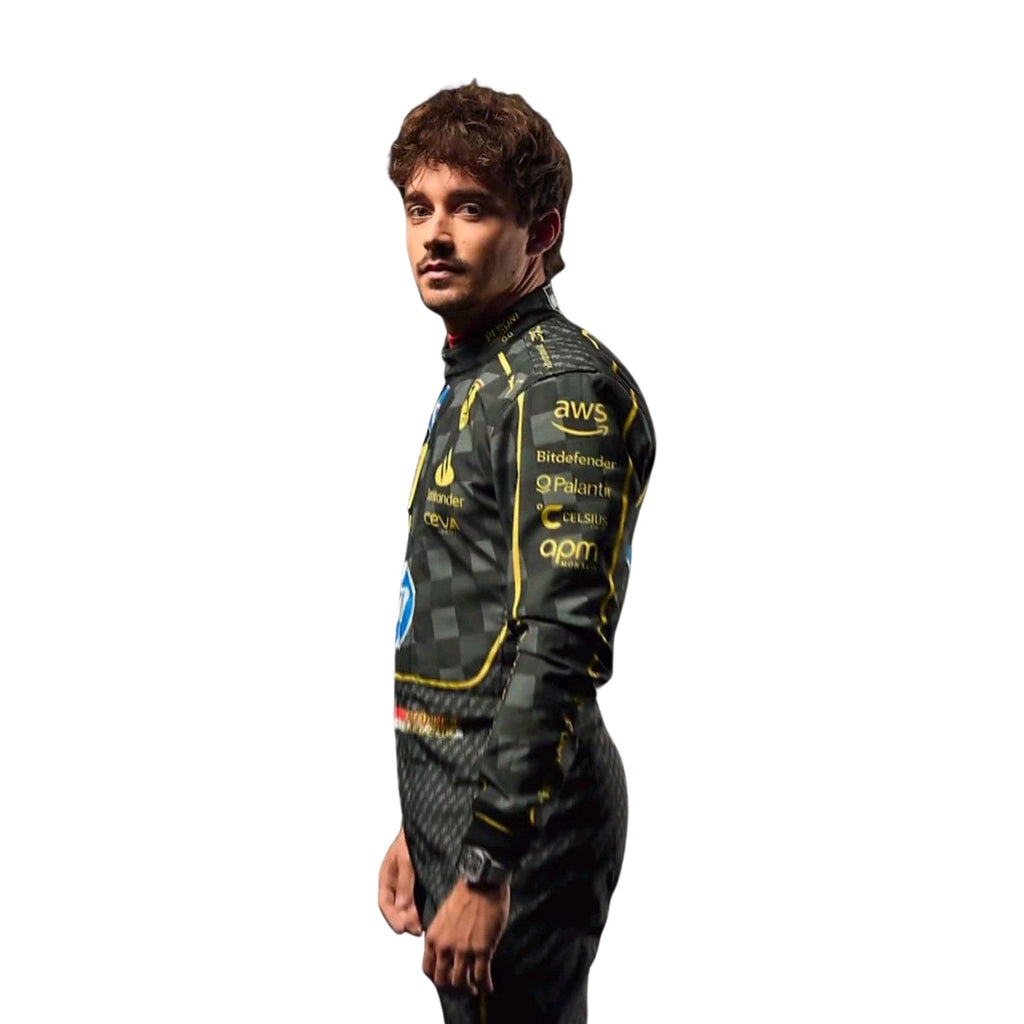 Right Side profile of Charles Leclerc's 2024 Italy GP racing suit, highlighting the black fabric with Modena yellow stripes along the sides.