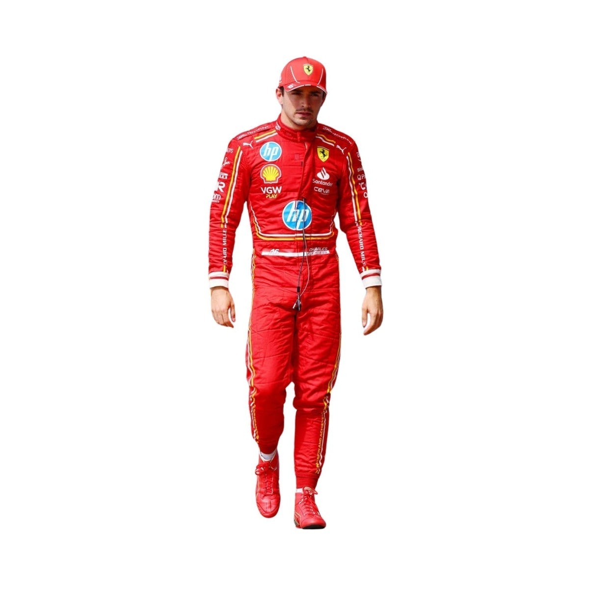 Front view of Charles Leclerc's 2024 Monaco GP F1 racing suit in red with yellow accents, showcasing a vibrant design with sponsor logos. Main image