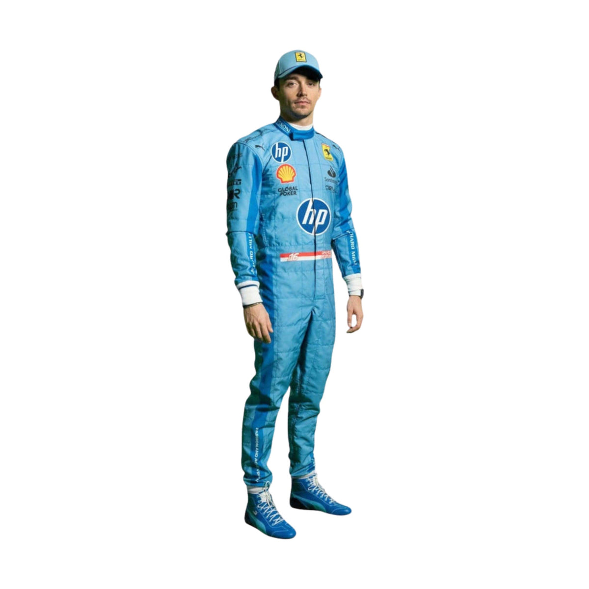 Full-body image of Charles Leclerc's 2024 Miami GP racing suit, designed in blue with yellow accents for a high-performance look. Main image