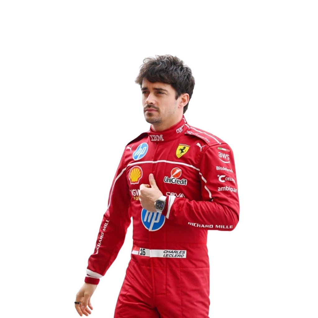 Detailed close-up of the 2025 race suit materials worn by Leclerc, highlighting the precision stitching, breathable mesh zones, and performance-enhancing textures.