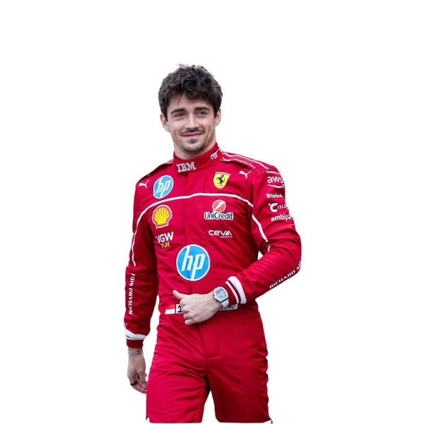 Detailed close-up of the 2025 race suit materials worn by Leclerc, highlighting the precision stitching, breathable mesh zones, and performance-enhancing textures.