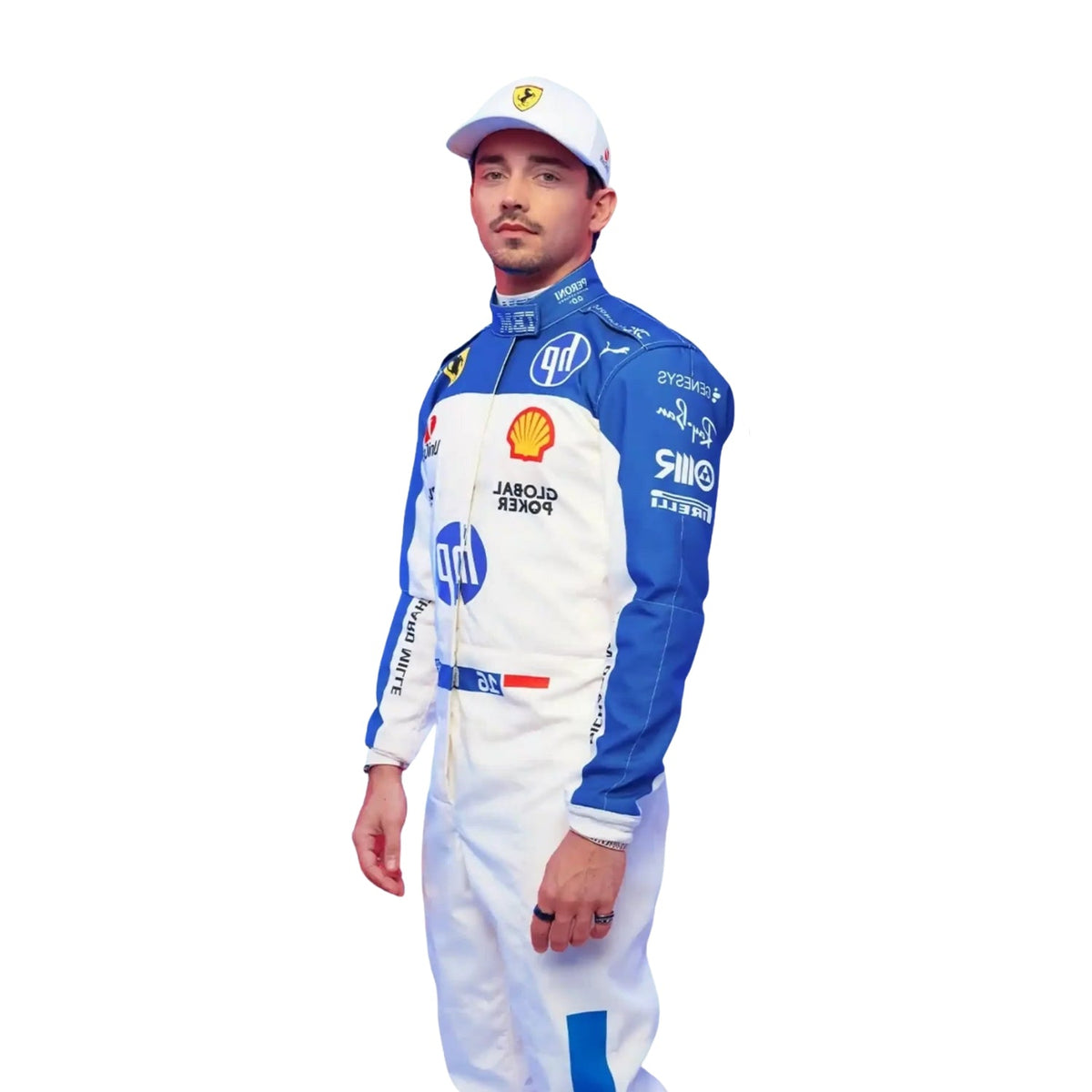 Detailed side profile close-up of the Miami GP 2025 racing suit materials, including high-contrast stitching, driver name embroidery, and premium patches tailored for Leclerc. Main image