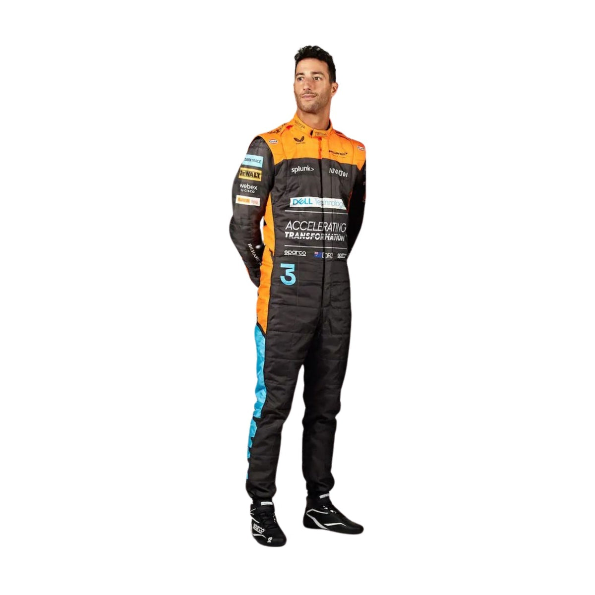 Side profile of Daniel Ricciardo 2022 F1 suit – aerodynamic fit in bright orange and deep blue color combination.