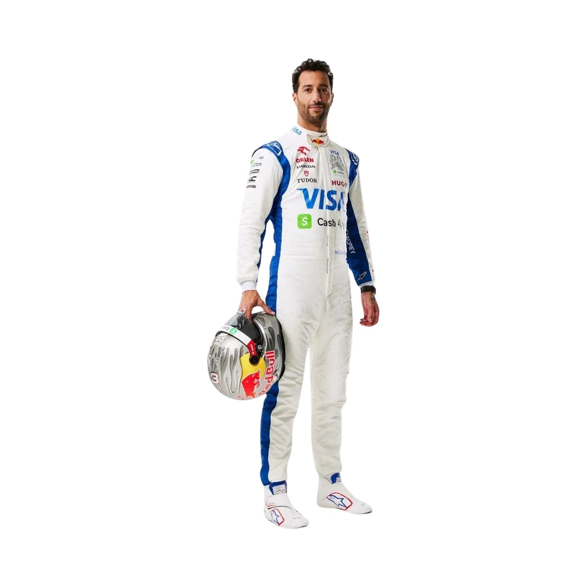 Front view of Daniel Ricciardo's 2024 Las Vegas GP F1 racing suit in white with blue accents, showcasing a modern design with sponsor logos. Main image