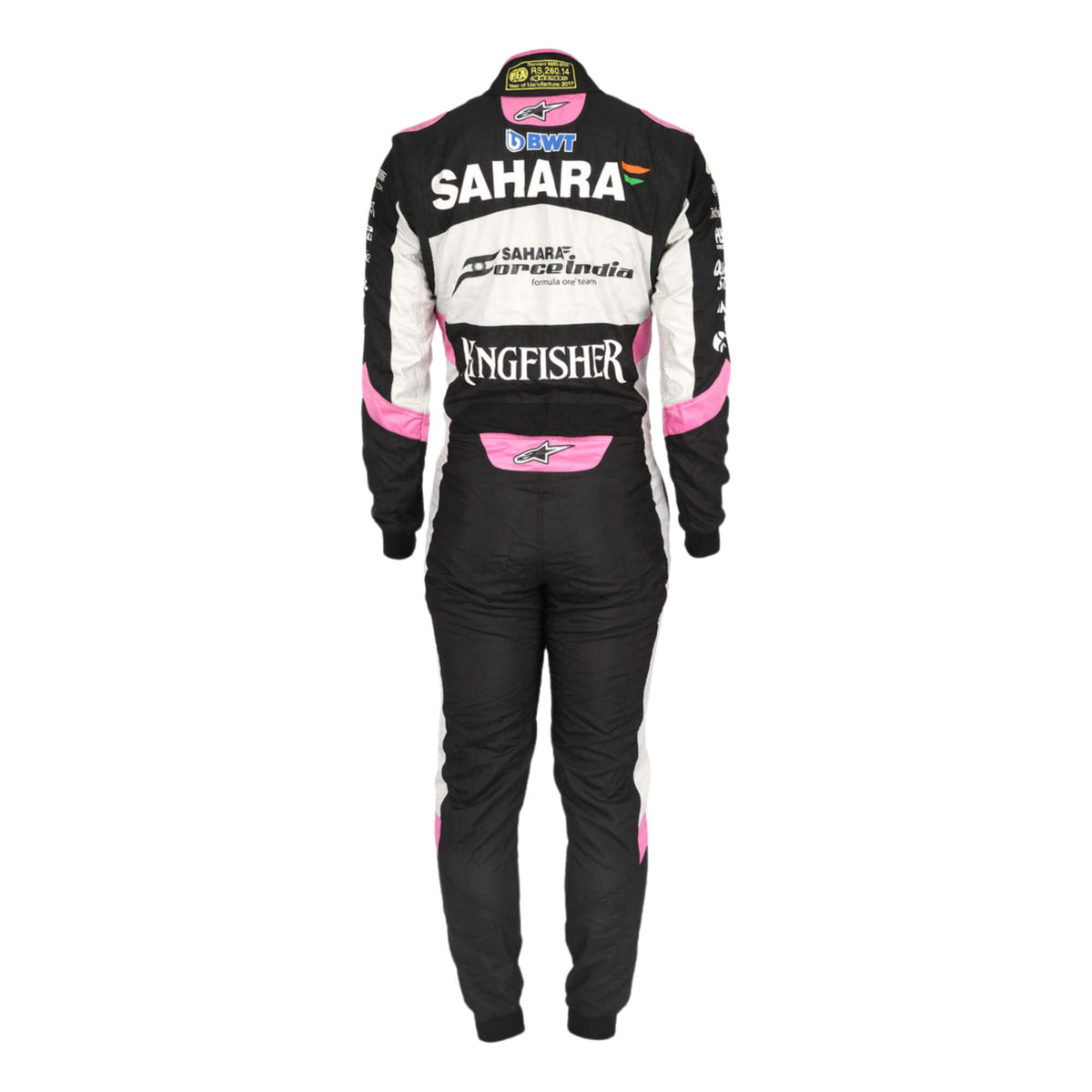 Back view of Esteban Ocon’s 2017 racing suit showing number placement, sponsor logos, and ergonomic design
