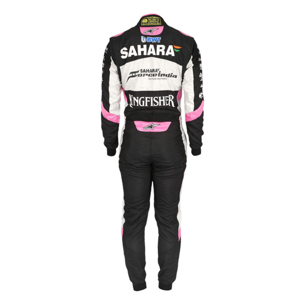Back view of Esteban Ocon’s 2017 racing suit showing number placement, sponsor logos, and ergonomic design