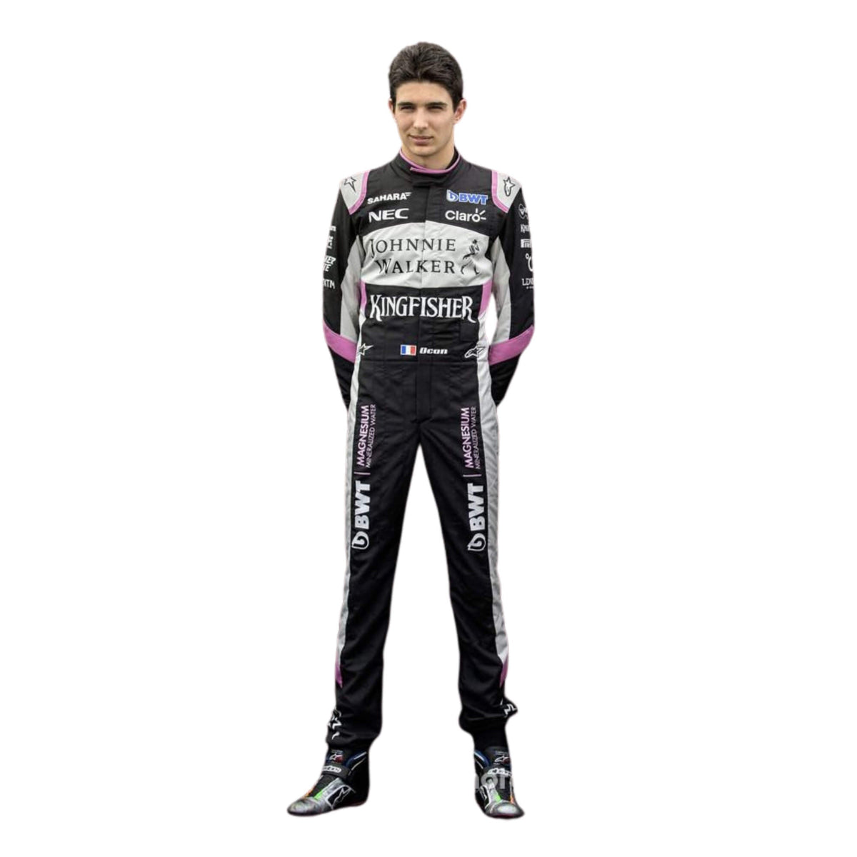 Esteban Ocon's 2017 racing suit, front view with embroidered sponsor logos, sleek black and pink design, and tailored fit Main image
