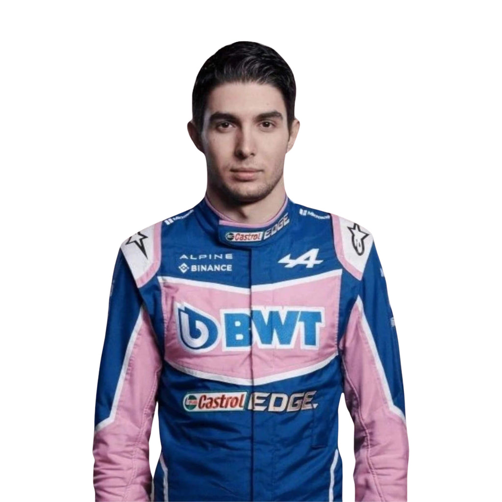 Close-up of Esteban Ocon’s 2022 F1 racing suit, capturing the intricate stitching and detail on the suit's fabric.