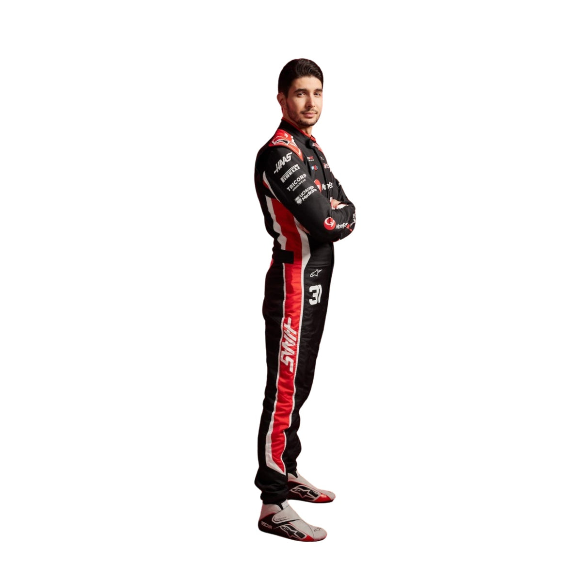 Esteban Ocon 2025 Haas F1 Racing Suit Side View, Sleek White and Red Design, Sponsor Logos on Arm Main image