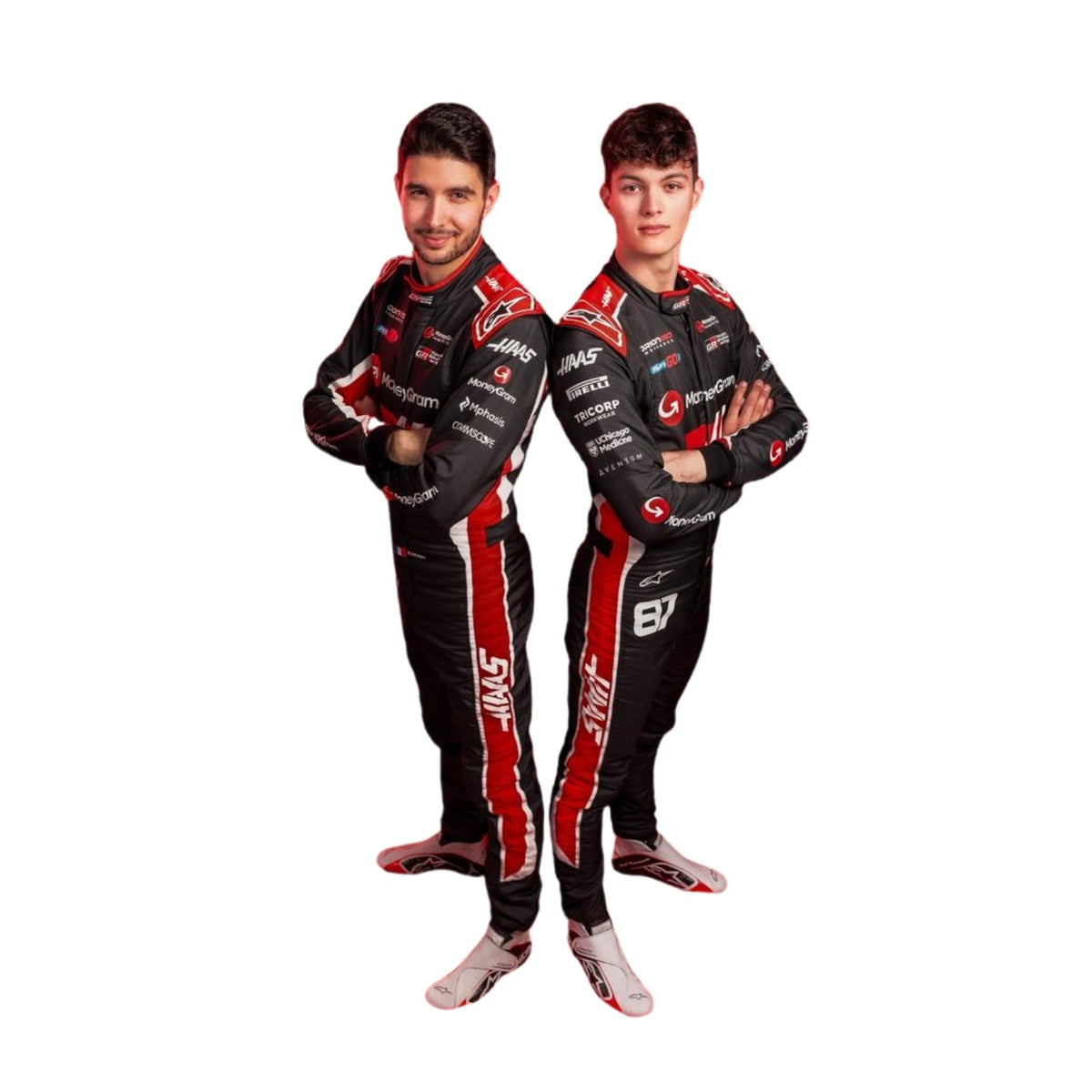Esteban Ocon and Oliver Bearman standing side by side in their 2025 racing suits, showcasing the team's design and unity.
 Main image