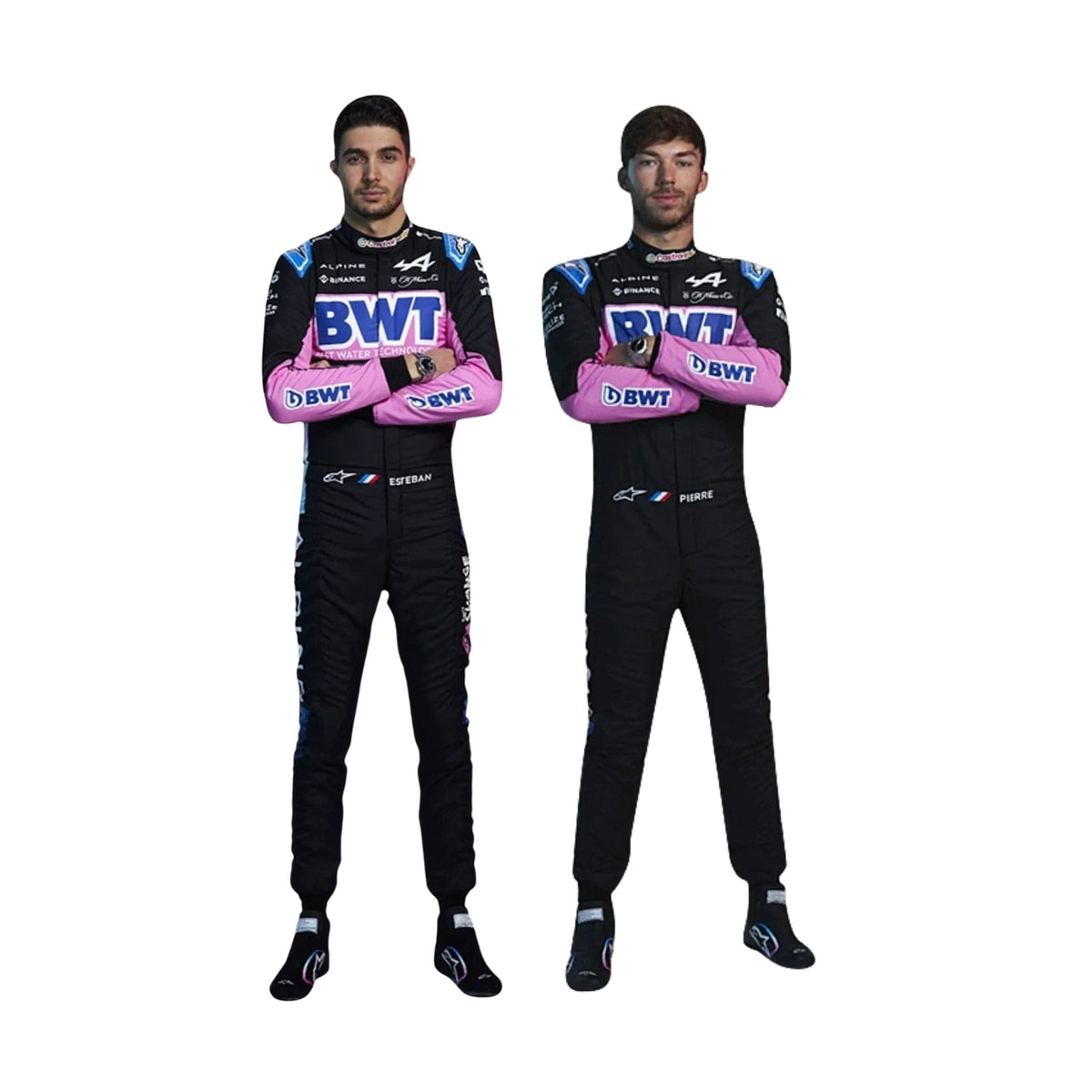 Front view of Esteban Ocon's and Pierre Gasly 2024 F1 racing suit in black with pink and blue accents, showcasing a modern design with sponsor logos. Main image