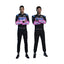Front view of Esteban Ocon's and Pierre Gasly 2024 F1 racing suit in black with pink and blue accents, showcasing a modern design with sponsor logos.