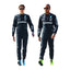 Front view of 2024 F1 racing costume in sleek black and silver tones worn by George Russell and Lewis Hamilton, detailed with race numbers and trim.