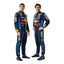 Front view of 2024 F1 racing costume in dark blue, red, and yellow tones worn by Max Verstappen and Sergio Pérez – featuring race number details