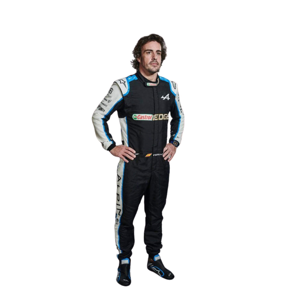 Fernando Alonso 2021 Formula 1 racing suit – sharp front view showcasing the iconic blue design