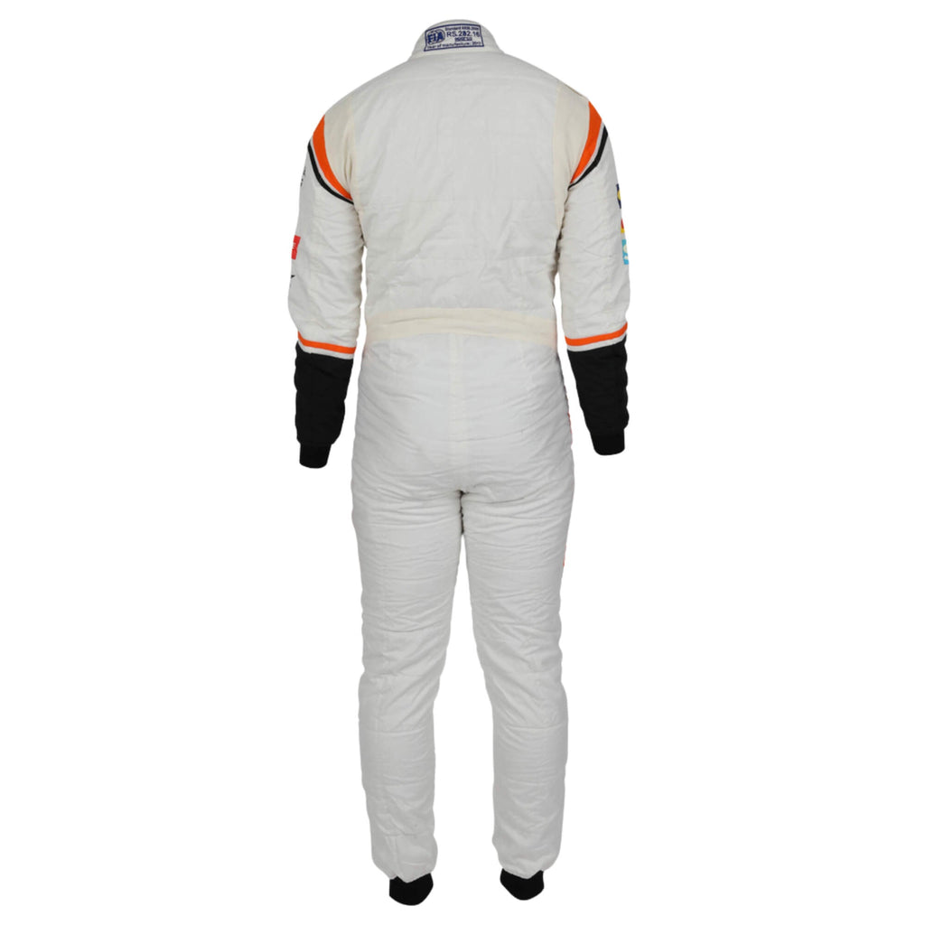 Back view of Fernando Alonso’s 2017 racing suit, displaying sponsor logos, number placements, and an ergonomic design for performance