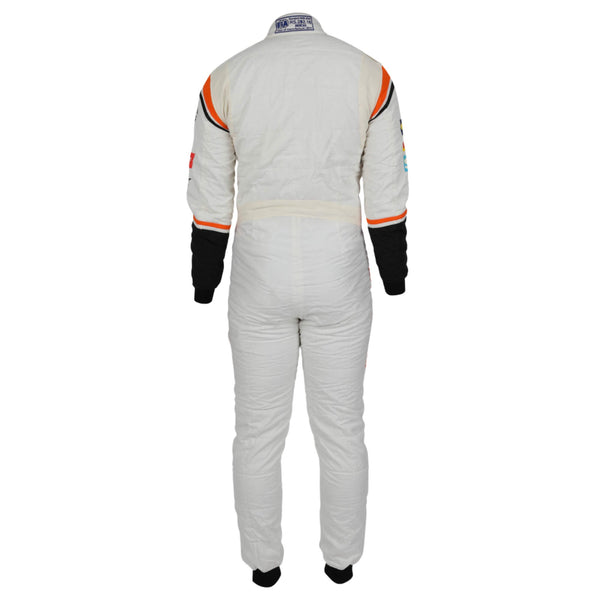 Back view of Fernando Alonso’s 2017 racing suit, displaying sponsor logos, number placements, and an ergonomic design for performance