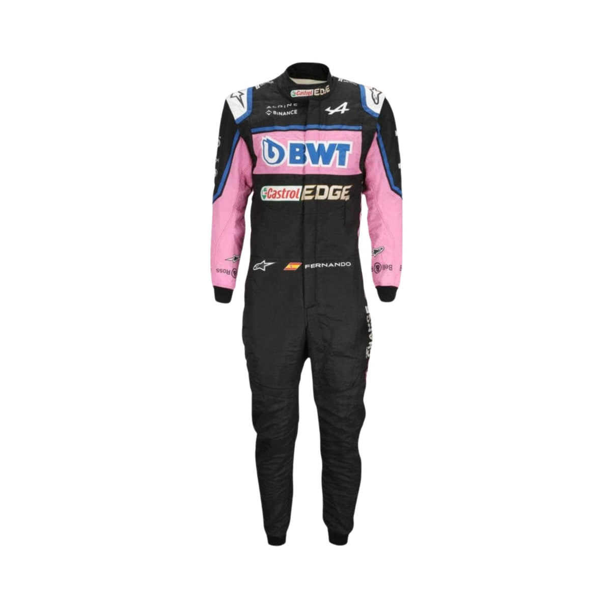 Front view of Fernando Alonso's 2022 Italian GP F1 racing suit, showcasing sleek design and sponsor logos. Main image