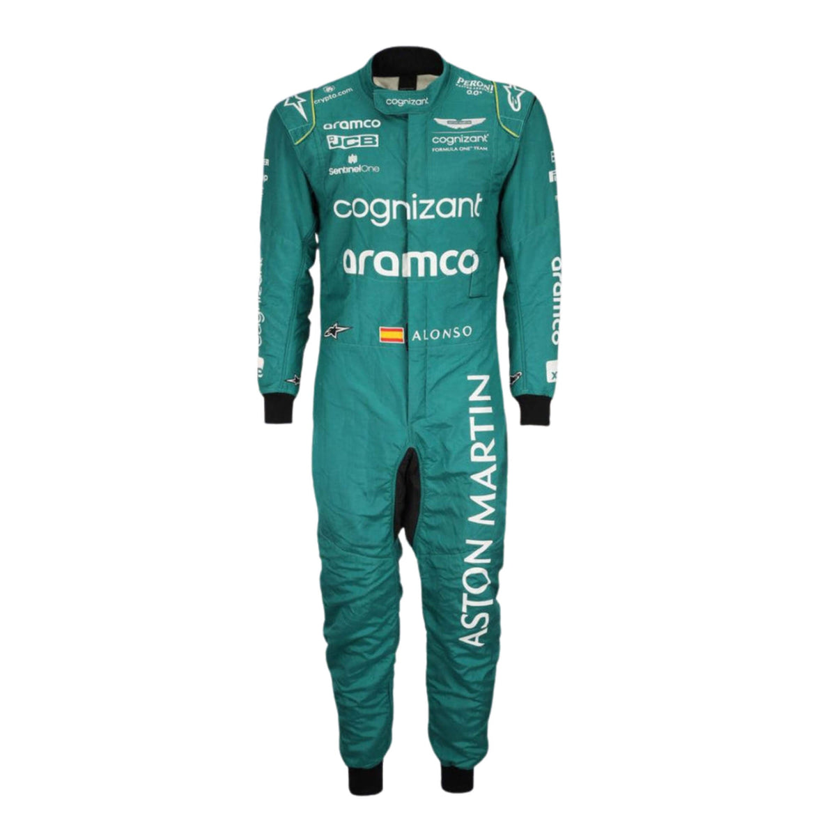 Fernando Alonso’s 2023 Miami GP F1 racing suit, featuring a sleek design in vibrant green with bold sponsor logos on the chest, arms, and legs, reflecting his racing style and Aston Martin’s innovative spirit. Main image