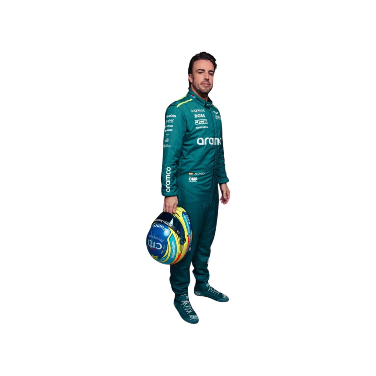Side profile of Fernando Alonso in his 2024 Formula 1 racing suit, displaying the ergonomic fit and the interplay of green and black fabrics, enhanced by sleek silver accents along the side seams Main image