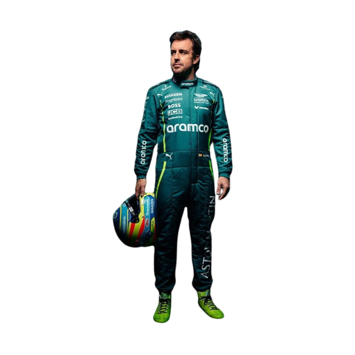 Fernando Alonso standing confidently in his 2025 Formula 1 racing suit, front view showcasing a sleek dark green design with subtle black accents, featuring his race number 14 prominently displayed Main image