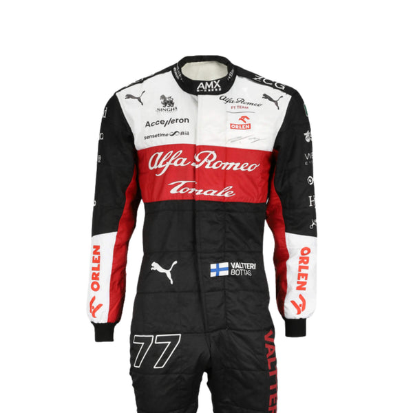 Front close up view of Valtteri Bottas 2020 F1 racing suit – clean and modern design with bold race-day styling