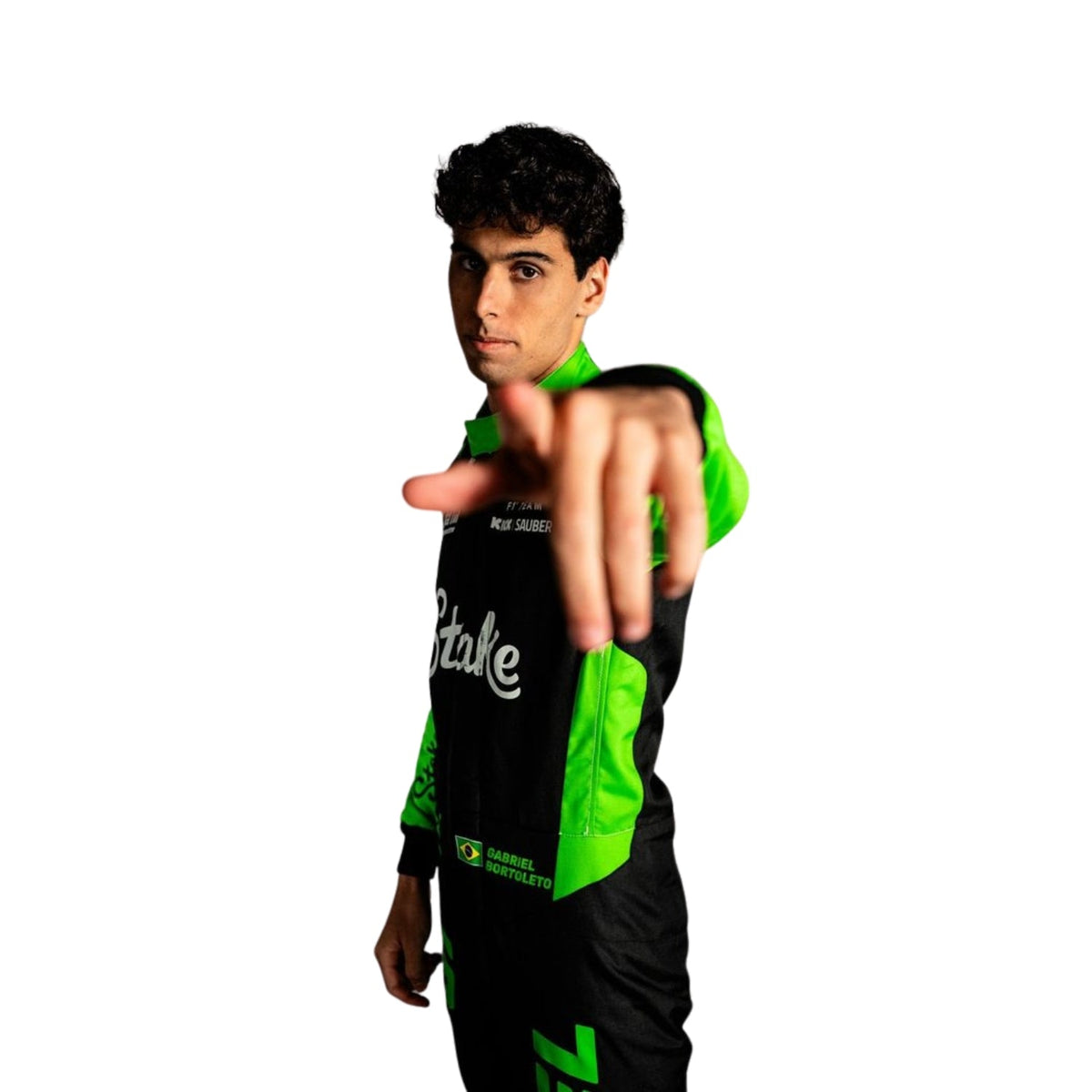 Gabriel Bortoleto in his 2025 racing suit, showcasing the front design with distinctive color accents. speedxgear
