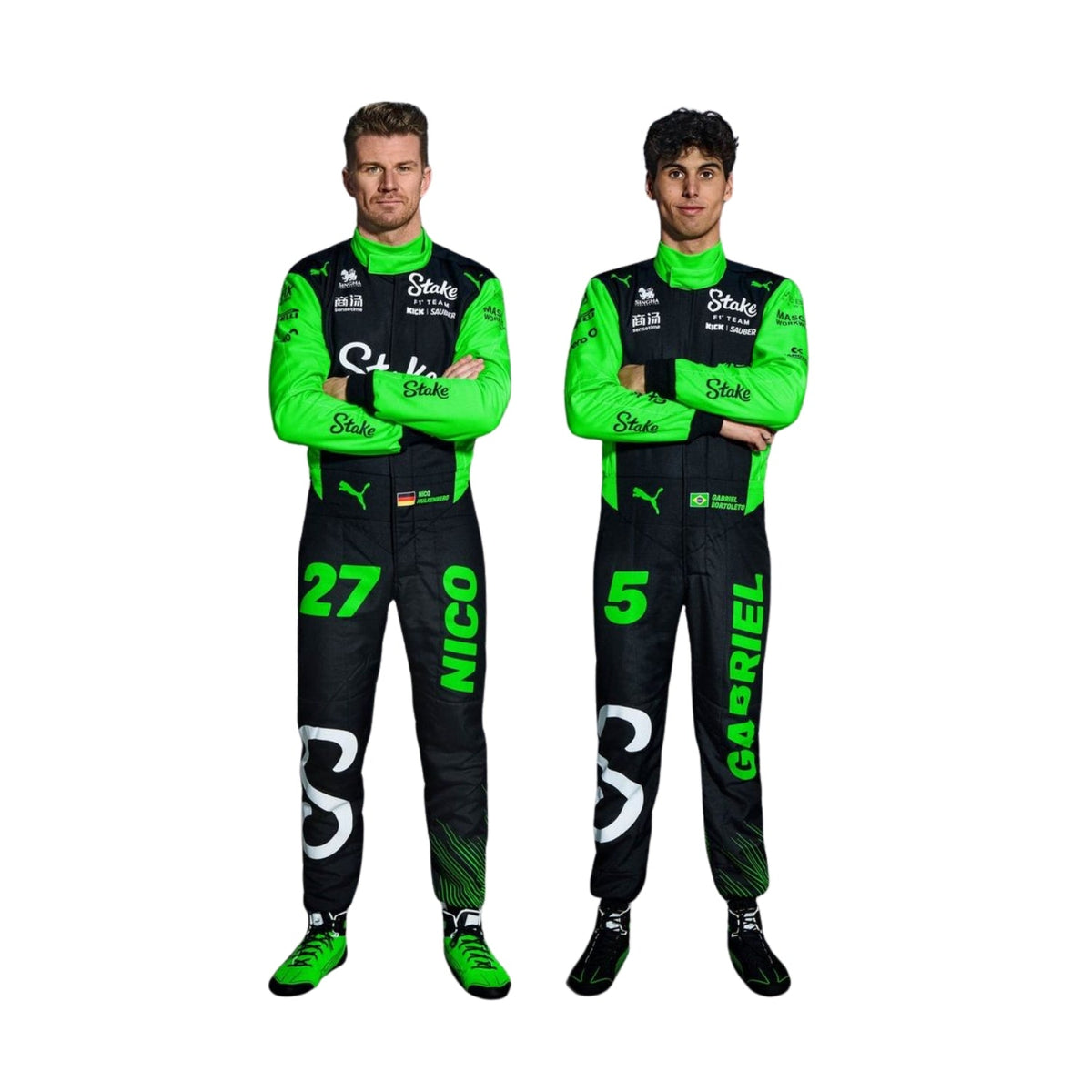 Gabriel Bortoleto and Nico Hülkenberg standing side by side in their 2025 Monaco GP racing suits, showcasing the team's coordinated design.
 Main image