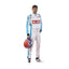 Front view of George Russell 2020 F1 suit – striking blue and white design