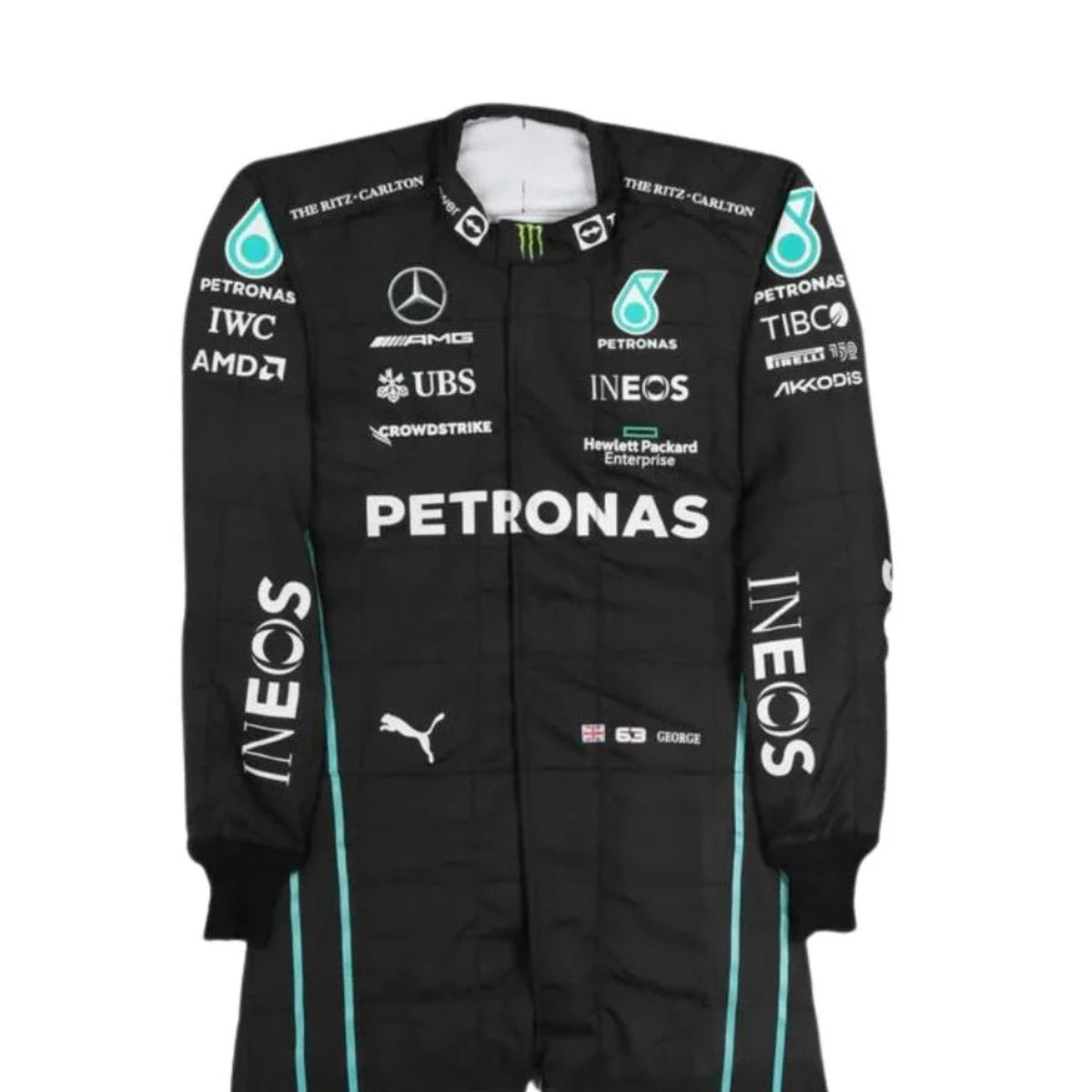 George Russell 2022 F1 racing suit – front closeup view of black and turquoise suit with sleek, race-fit design