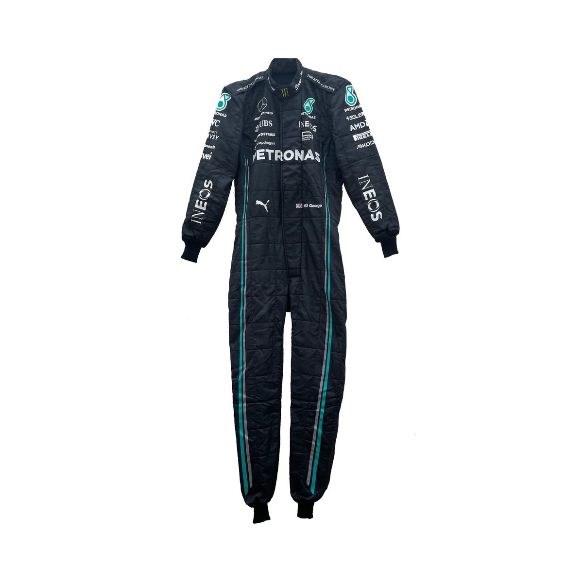 George Russell’s 2023 F1 racing suit in a sleek black and silver design, featuring prominent sponsor logos on the chest and legs. The suit is tailored for aerodynamics and performance, showcasing Russell’s commitment to excellence.